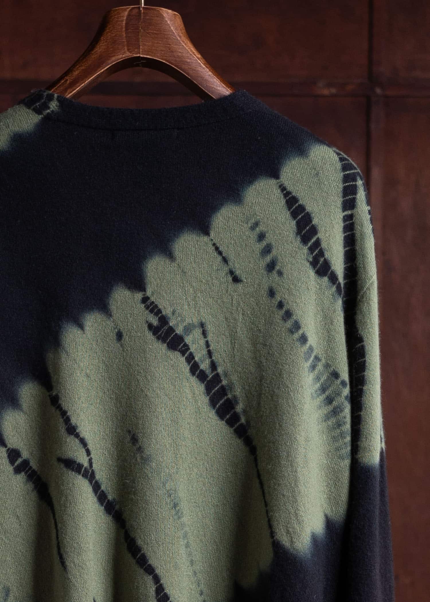 SUZUSAN Cashmere Seamless Wide Cardigan Tesuji Yoroidan Shibori Diagonal Black x Leaf Green