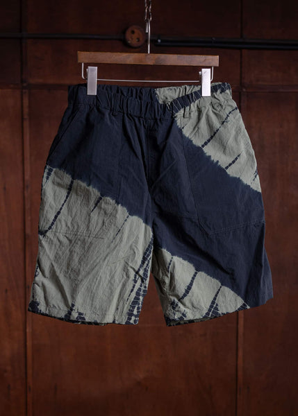 SUZUSAN Recycled Ripstop Nylon Shorts Tesuji Yoroidan Shibori """"Diagonal"""" Black x Khaki