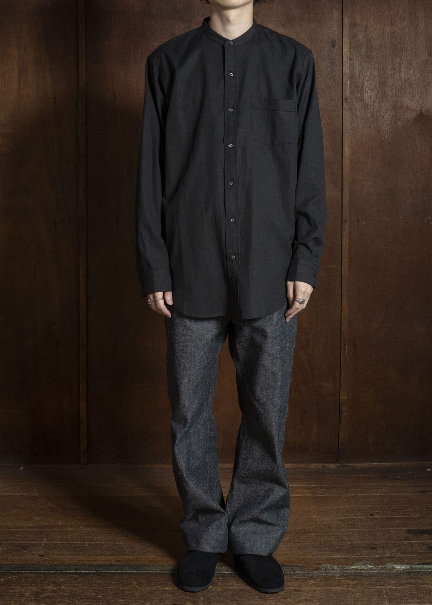 Taiga Takahashi Lot.104-Charcoal Band Collar Shirt Charcoal