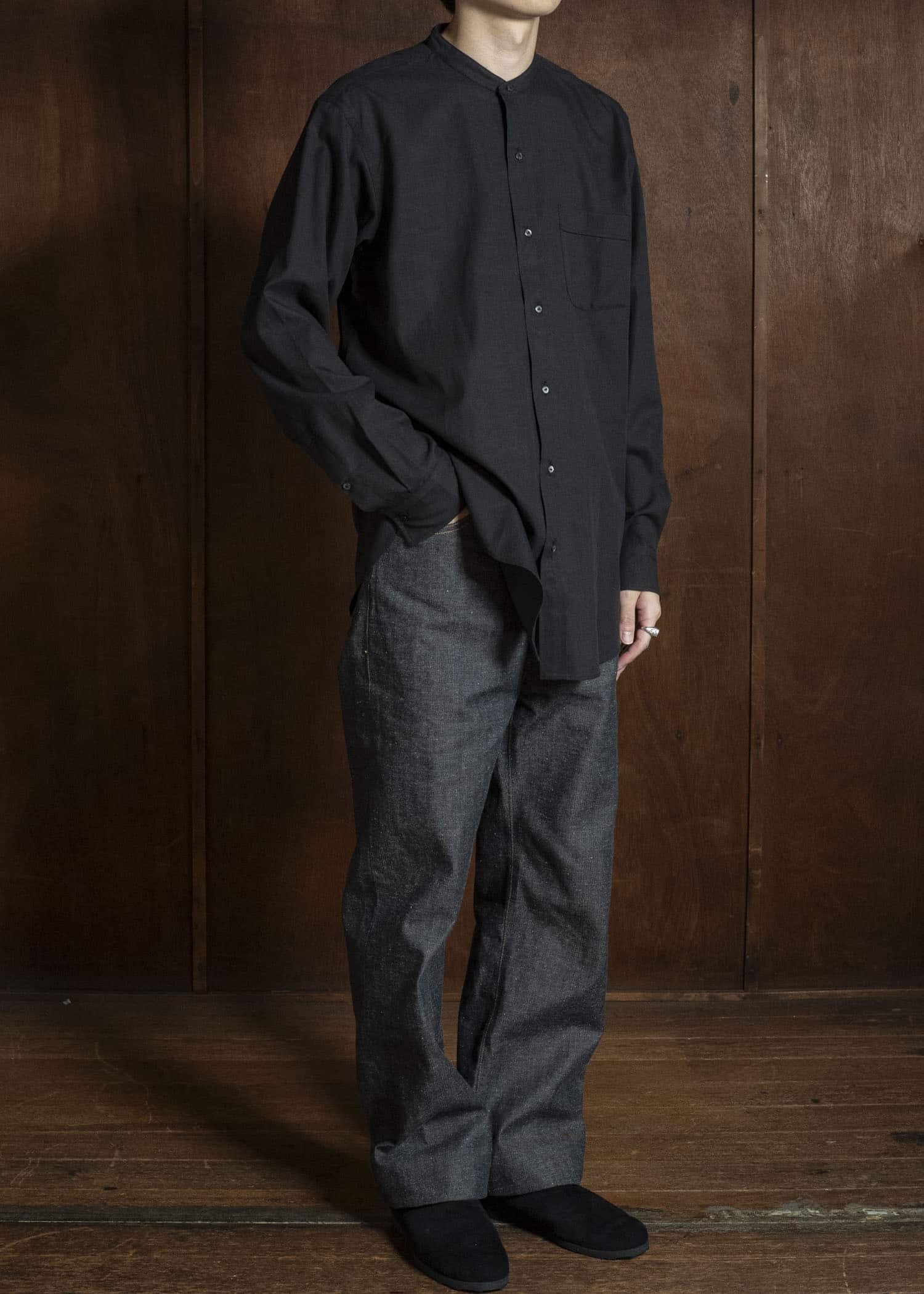 Taiga Takahashi Lot.104-Charcoal Band Collar Shirt Charcoal