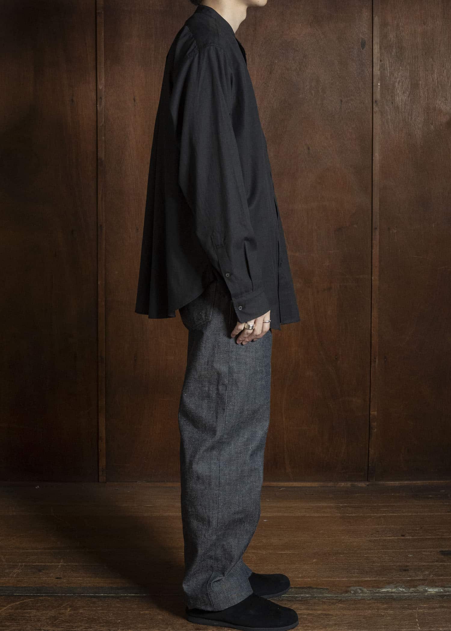 Taiga Takahashi Lot.104-Charcoal Band Collar Shirt Charcoal