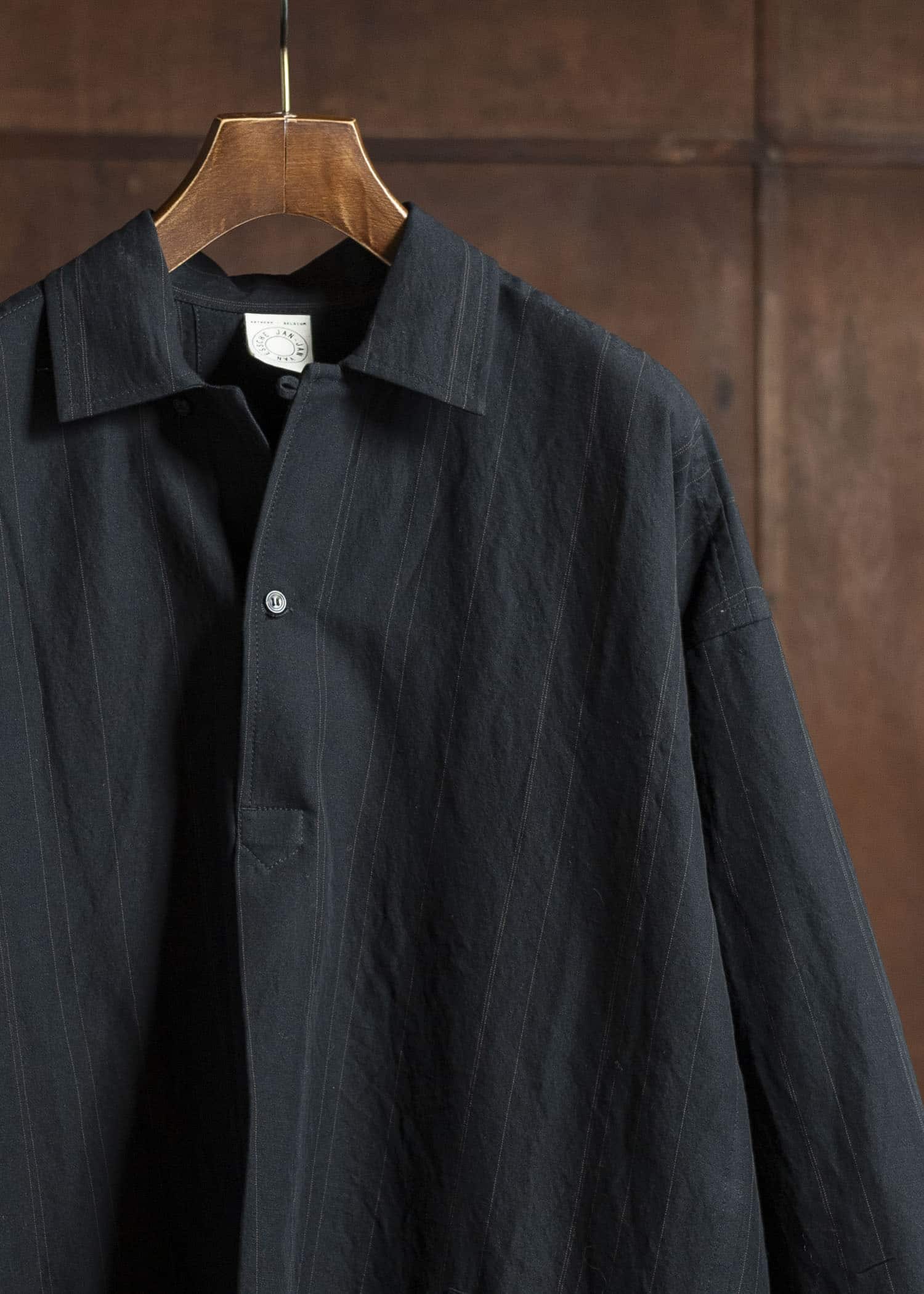JAN-JAN VAN ESSCHE TUNIC#39-FINE STRIPE CLOTH BLACK Long Tunic With Patched Pockets Fine Stripe Cloth Black