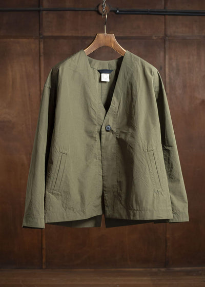 JAN-JAN VAN ESSCHE JACKET#59-COTTON SILK CANVAS ARMY GREEN Unlined Collarless Blazer Cotton Silk Canvas Army Green