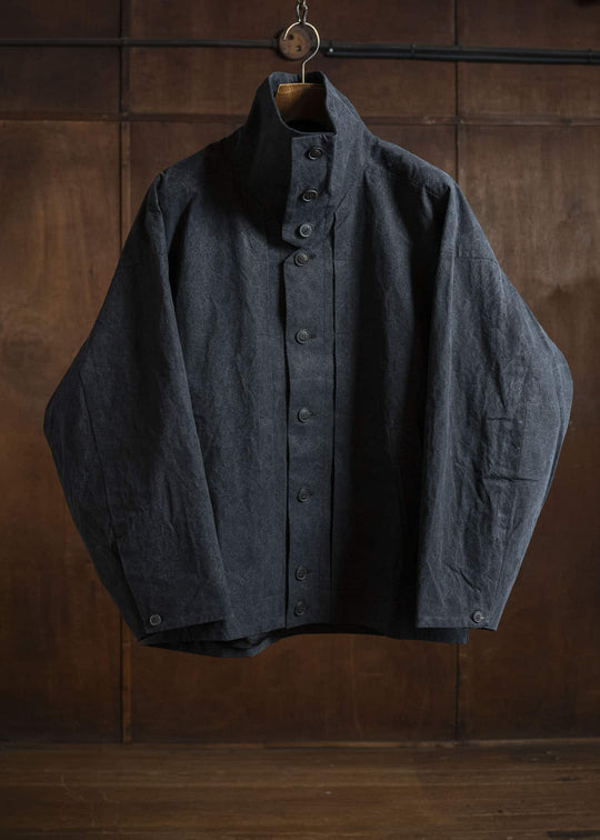 JAN-JAN VAN ESSCHE JACKET #61 JACKET WITH HIGH NECK STANDING COLLAR Time Washed Canvas Black