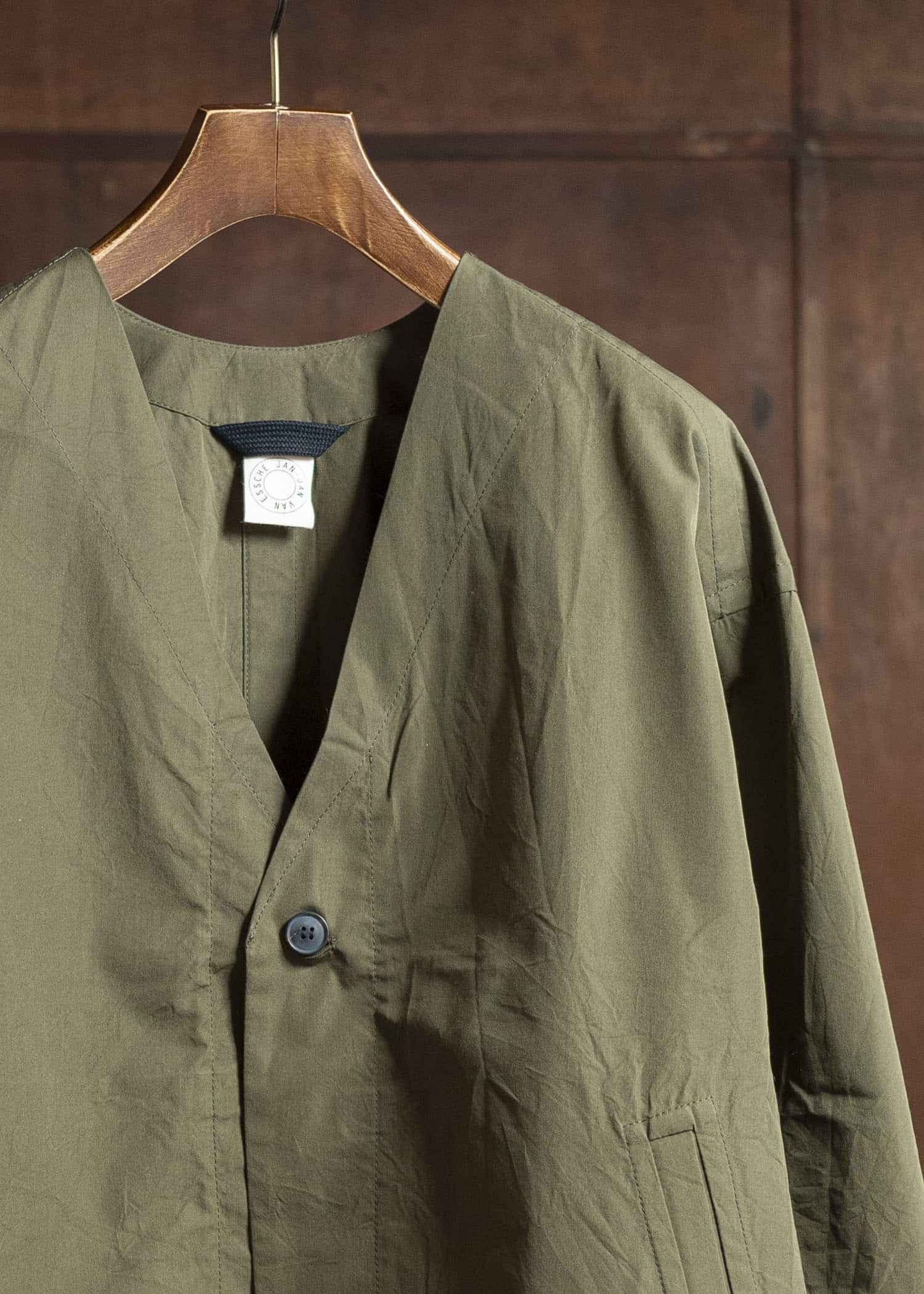 JAN-JAN VAN ESSCHE JACKET#59-COTTON SILK CANVAS ARMY GREEN Unlined Collarless Blazer Cotton Silk Canvas Army Green