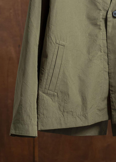 JAN-JAN VAN ESSCHE JACKET#59-COTTON SILK CANVAS ARMY GREEN Unlined Collarless Blazer Cotton Silk Canvas Army Green