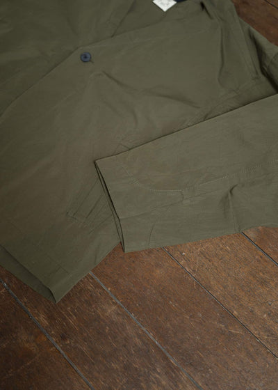 JAN-JAN VAN ESSCHE JACKET#59-COTTON SILK CANVAS ARMY GREEN Unlined Collarless Blazer Cotton Silk Canvas Army Green