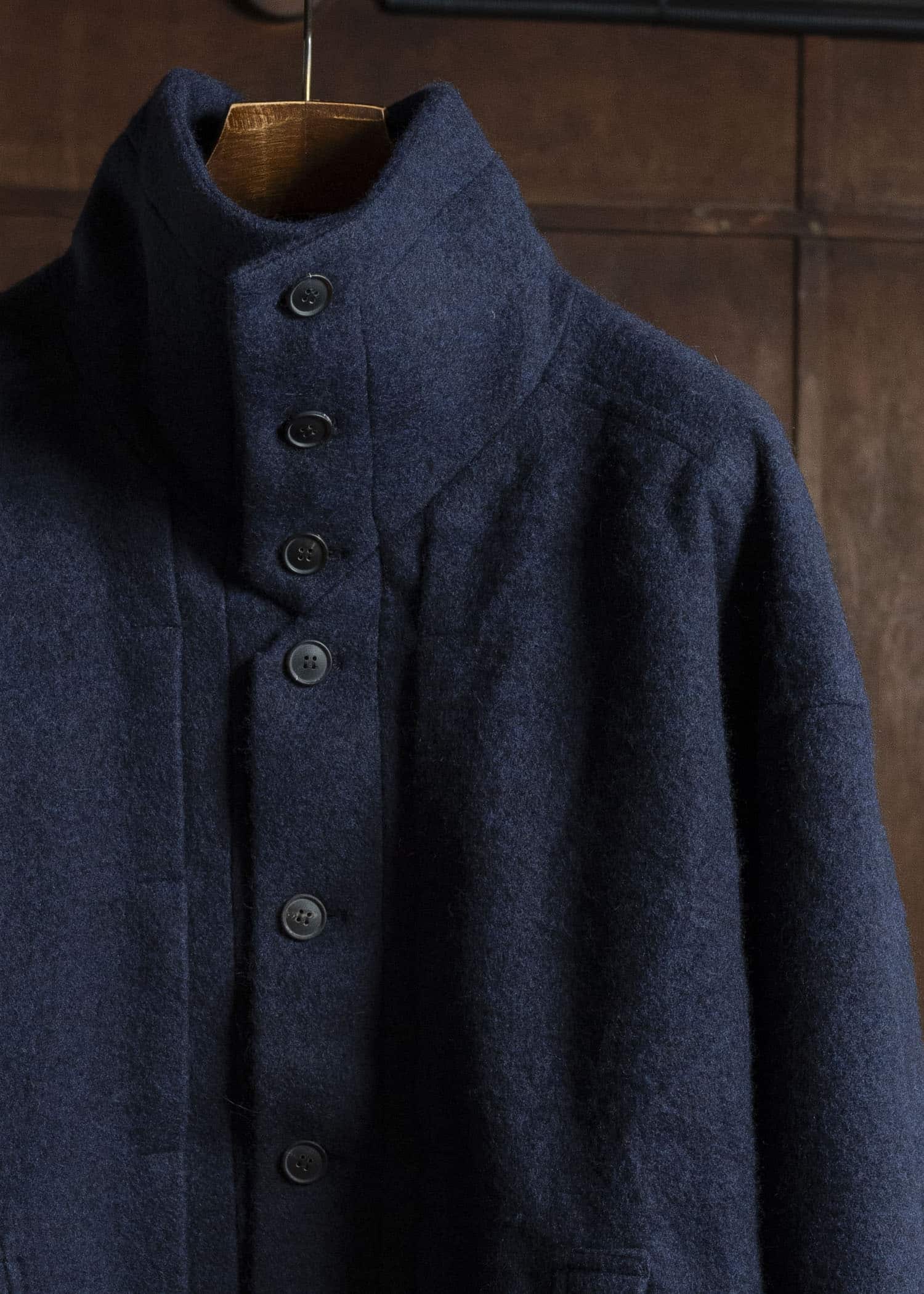 JAN-JAN VAN ESSCHE JACKET#61 JACKET WITH HIGH, STANDING COLLAR AND FRONT PLEAT Brushed Alpaca Wool Midnight