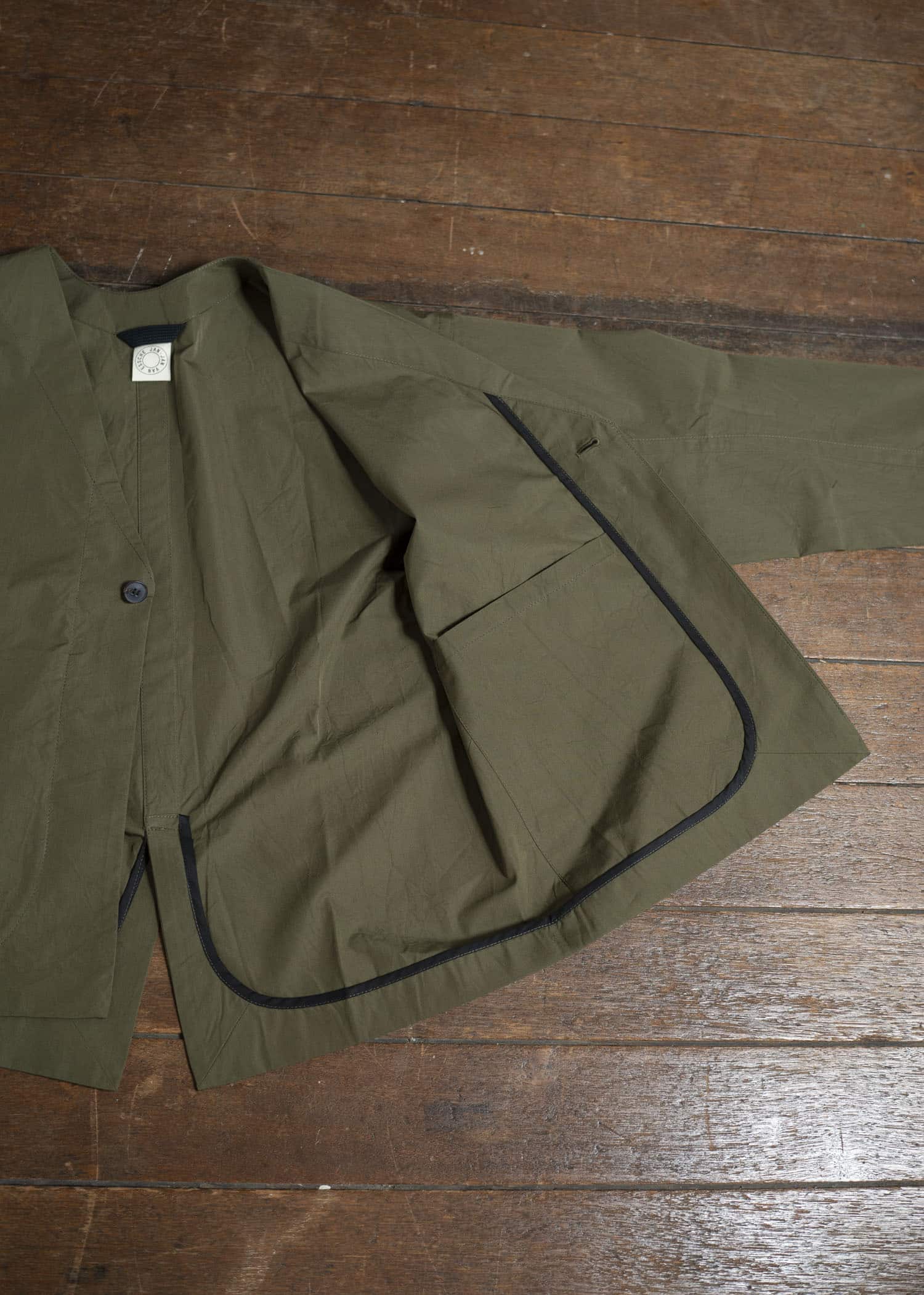 JAN-JAN VAN ESSCHE JACKET#59-COTTON SILK CANVAS ARMY GREEN Unlined Collarless Blazer Cotton Silk Canvas Army Green
