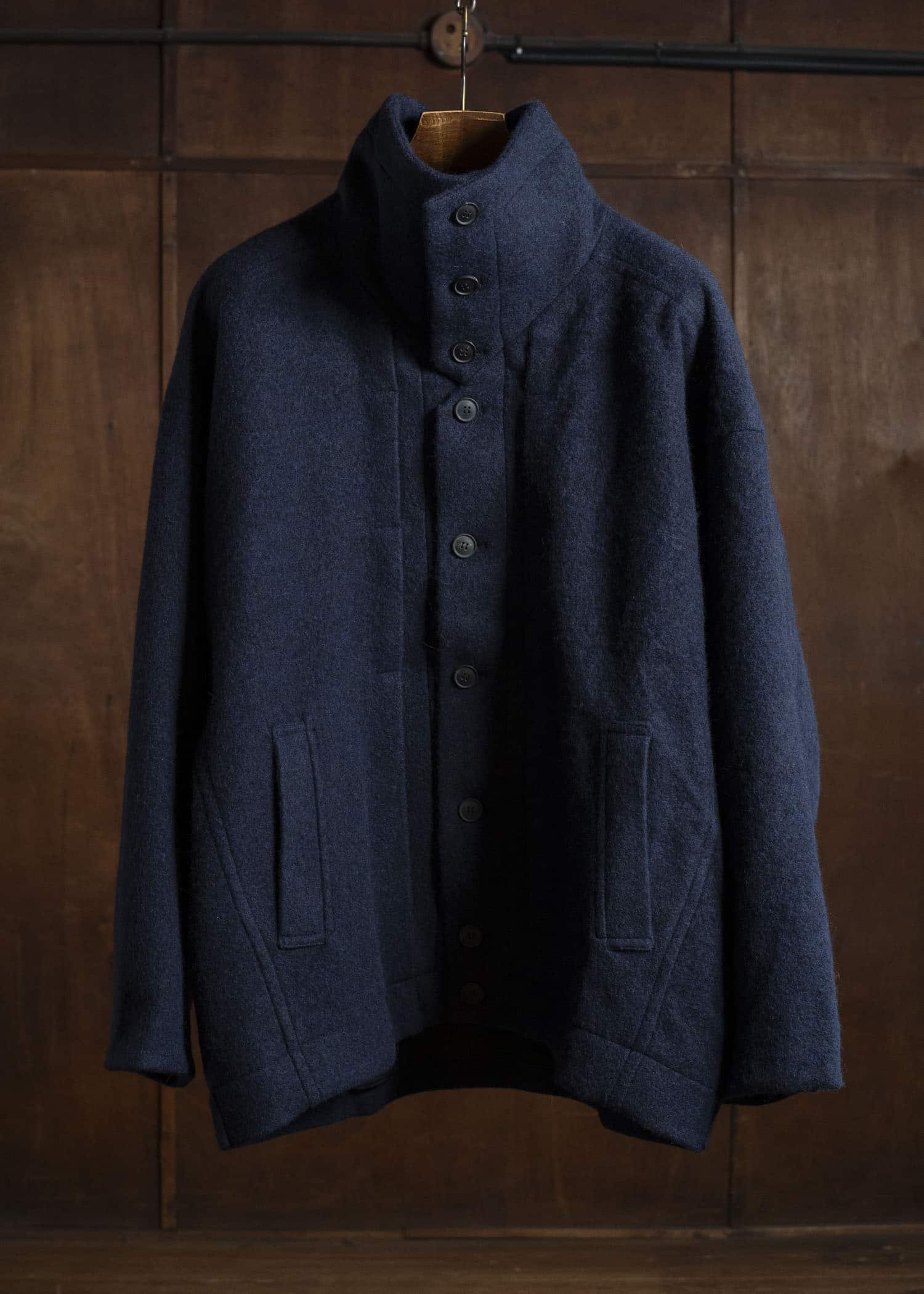 JAN-JAN VAN ESSCHE JACKET#61 JACKET WITH HIGH, STANDING COLLAR AND FRONT PLEAT Brushed Alpaca Wool Midnight