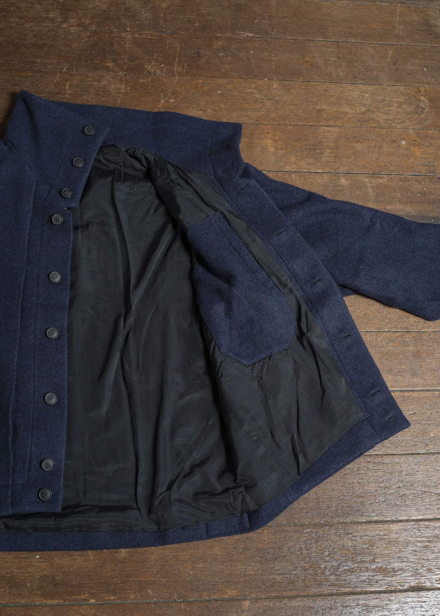 JAN-JAN VAN ESSCHE JACKET#61 JACKET WITH HIGH, STANDING COLLAR AND FRONT PLEAT Brushed Alpaca Wool Midnight