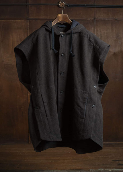 JAN-JAN VAN ESSCHE CAPE#5 SLEEVELESS CAPE WITH HOOD Ridged Linen Wool Eggplant/Indigo