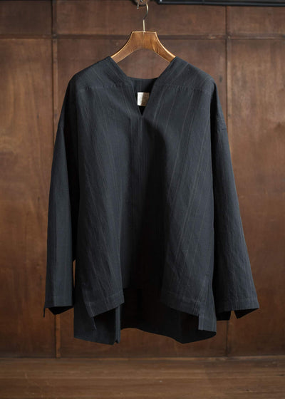 JAN-JAN VAN ESSCHE TUNIC#38-FINE STRIPE CLOTH BLACK Oversized Long Sleeve Tunic With Roll-Up Sleeves Fine Stripe Cloth Black