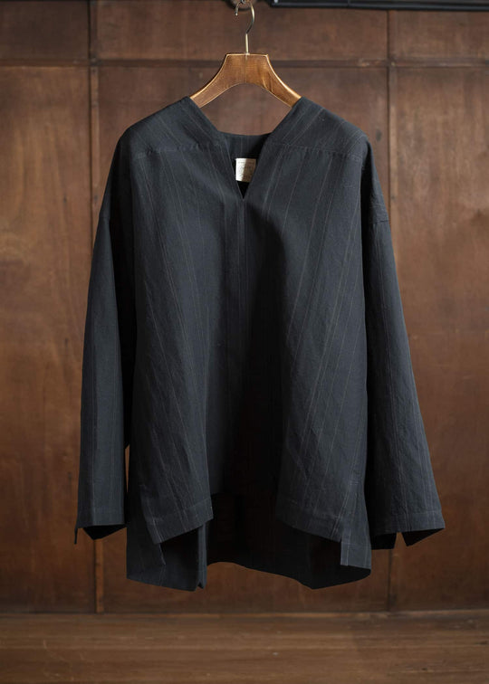 JAN-JAN VAN ESSCHE TUNIC#38-FINE STRIPE CLOTH BLACK Oversized Long Sleeve Tunic With Roll-Up Sleeves Fine Stripe Cloth Black