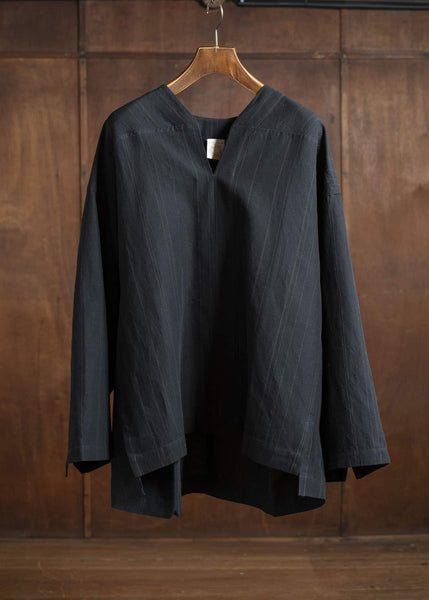 JAN-JAN VAN ESSCHE TUNIC#38-FINE STRIPE CLOTH BLACK Oversized Long Sleeve Tunic With Roll-Up Sleeves Fine Stripe Cloth Black