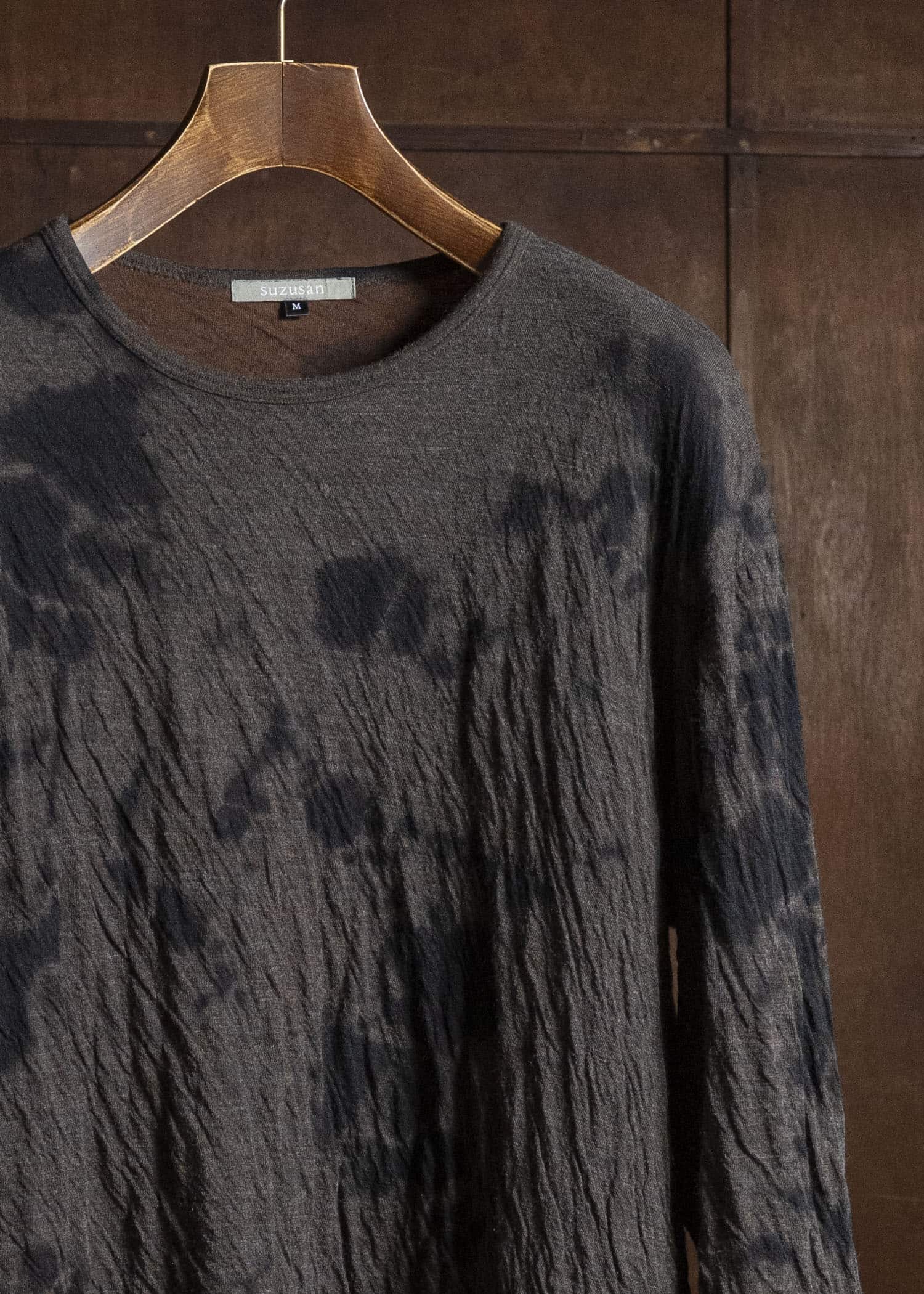 SUZUSAN 2075WC-010 Dual Layered Wool Cotton Jersey Long Sleeve T-Shirt / Madara Shibori 1069 Black-Raw Umber