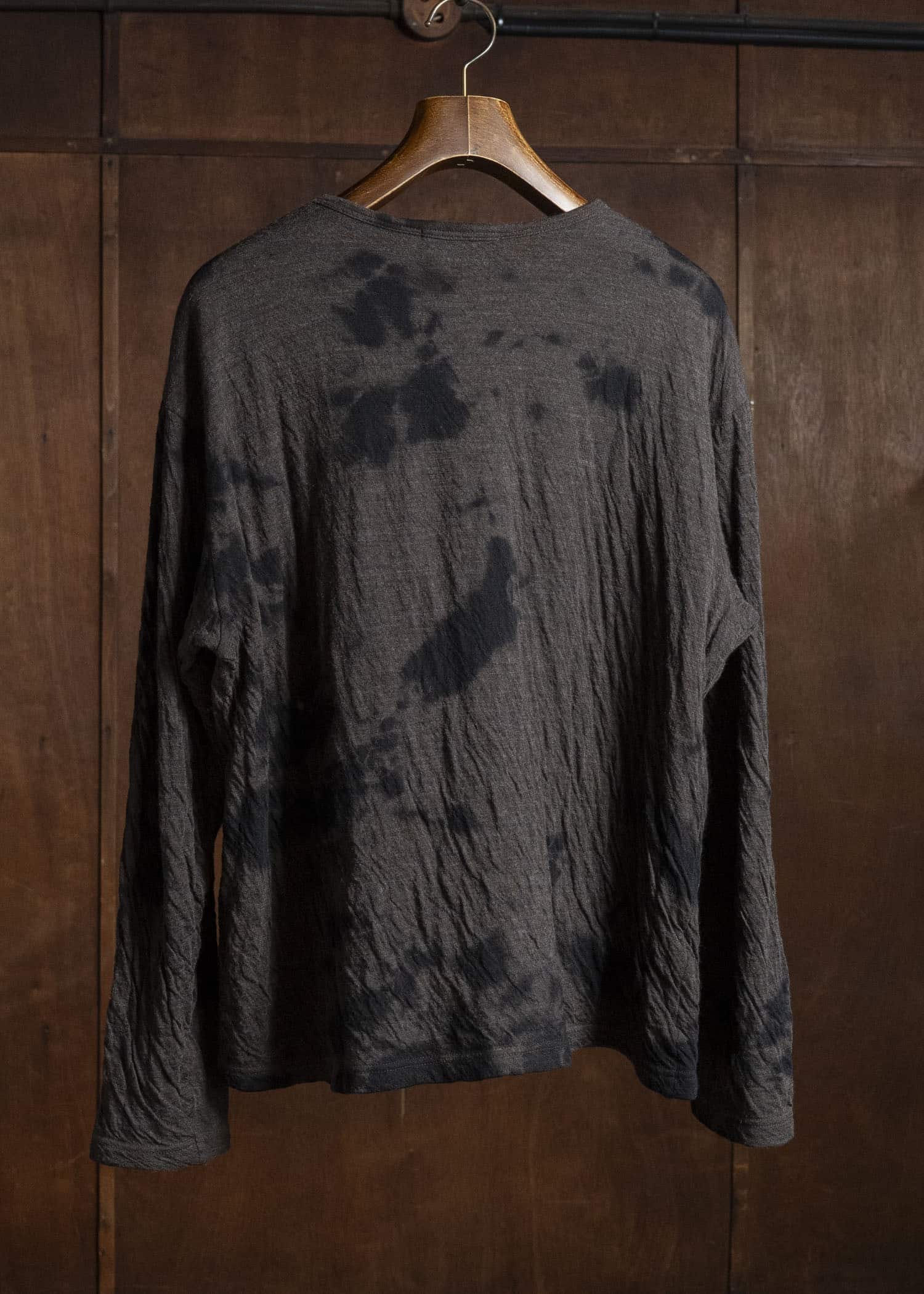 SUZUSAN 2075WC-010 Dual Layered Wool Cotton Jersey Long Sleeve T-Shirt / Madara Shibori 1069 Black-Raw Umber