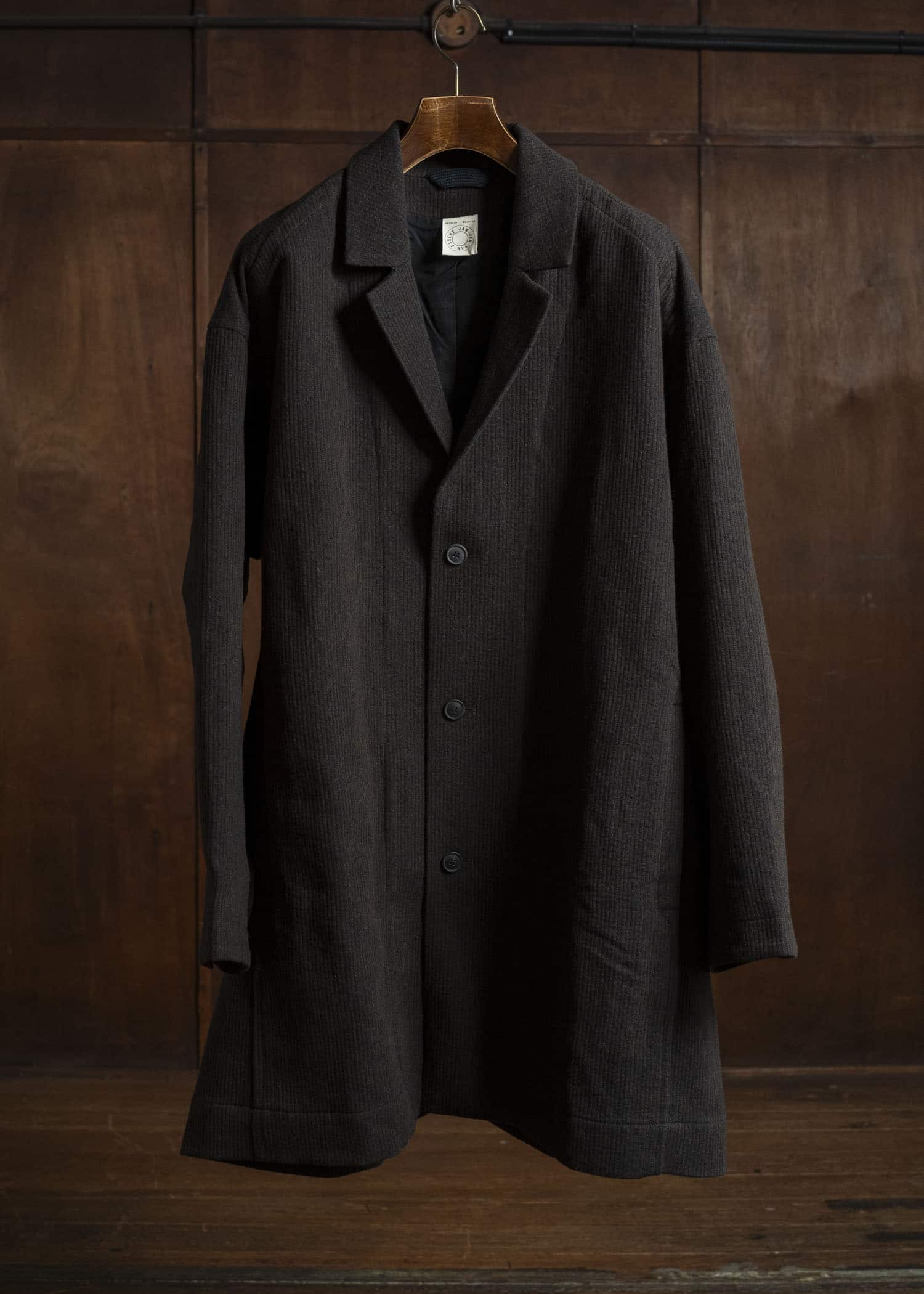 JAN-JAN VAN ESSCHE COAT#33 BLAZER-STYLE OVERCOAT Ridged Linen Wool Eggplant/Indigo