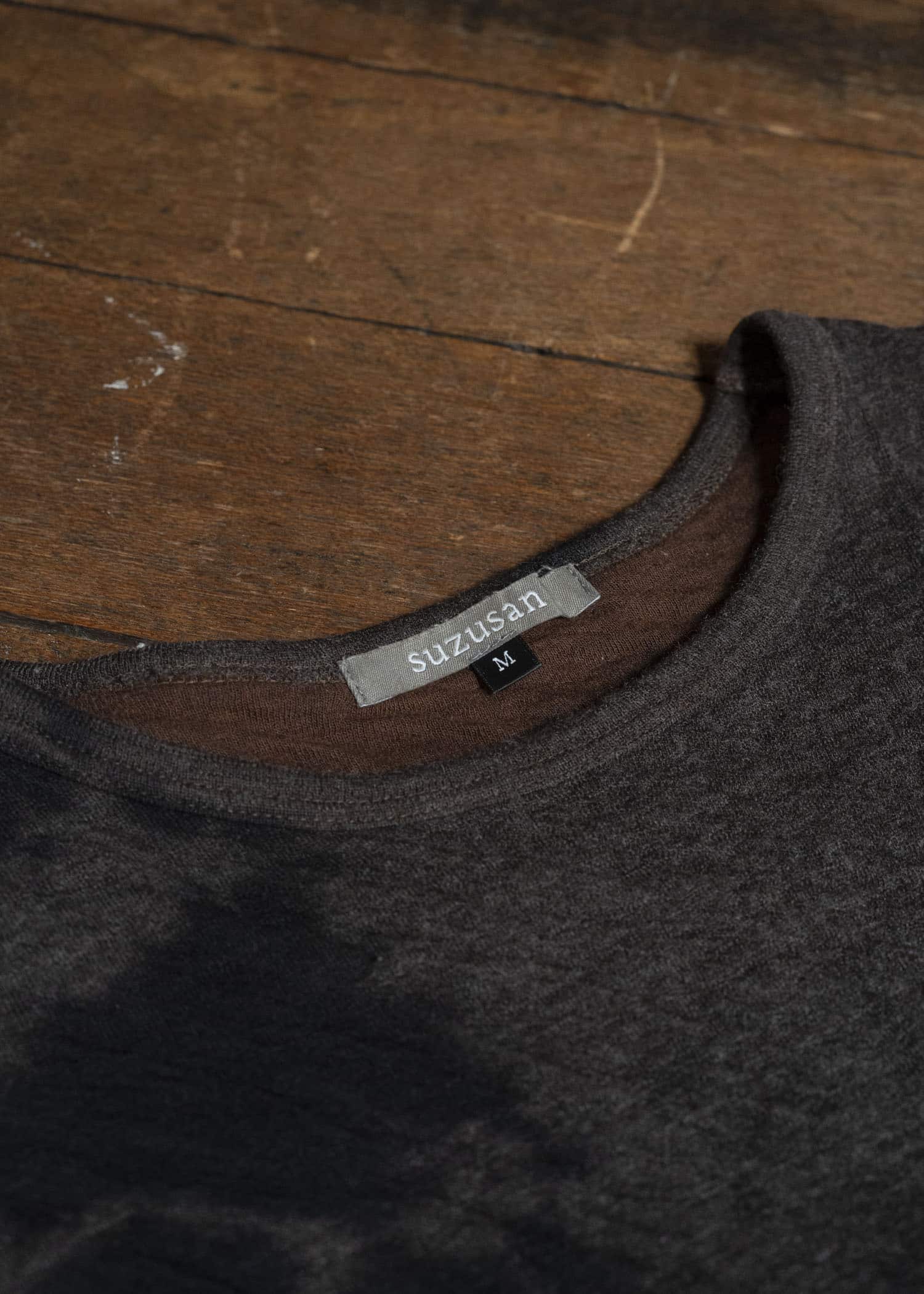 SUZUSAN 2075WC-010 Dual Layered Wool Cotton Jersey Long Sleeve T-Shirt / Madara Shibori 1069 Black-Raw Umber