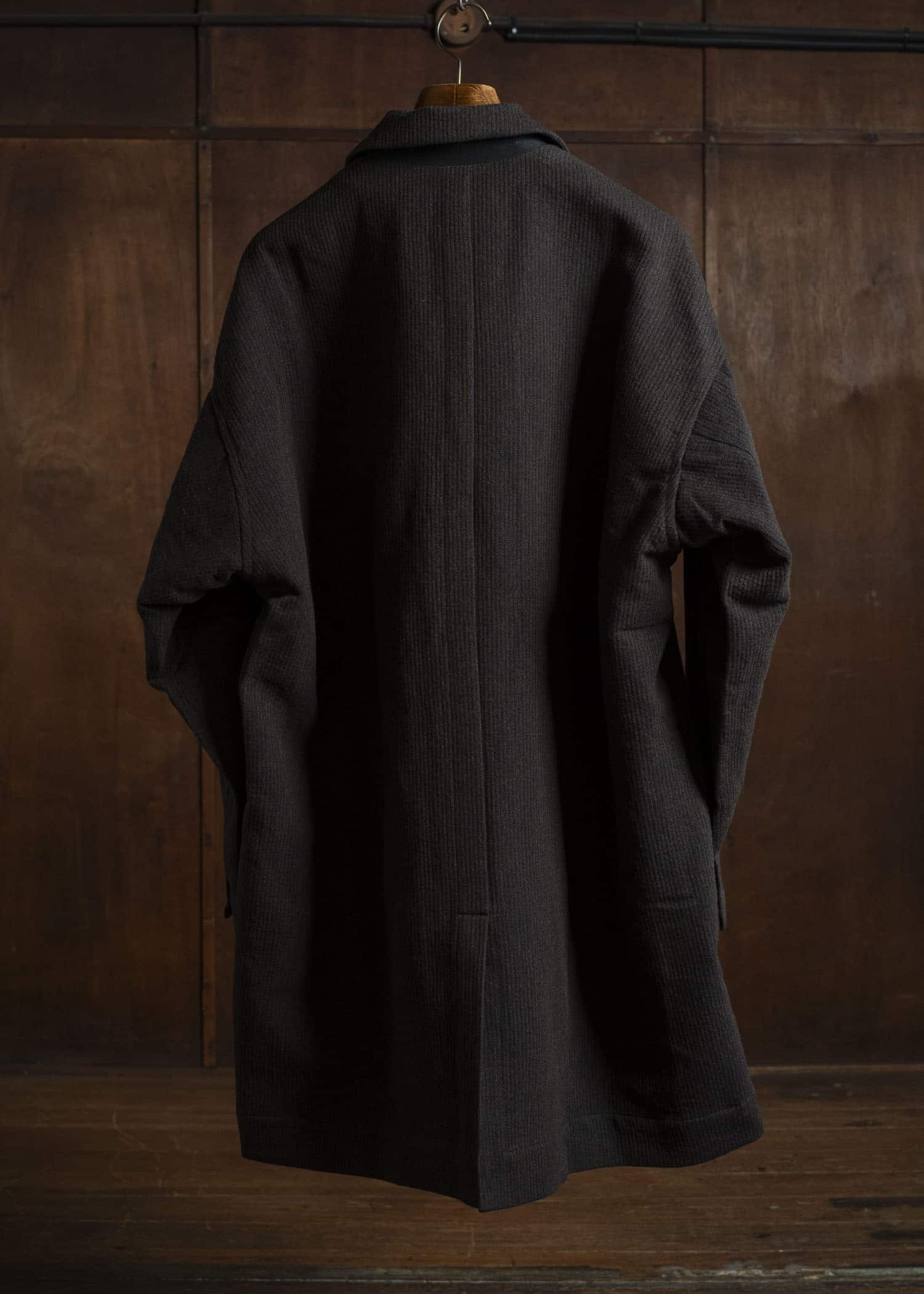 JAN-JAN VAN ESSCHE COAT#33 BLAZER-STYLE OVERCOAT Ridged Linen Wool Eggplant/Indigo