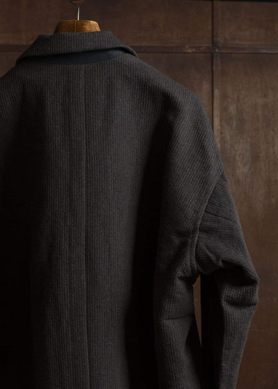 JAN-JAN VAN ESSCHE COAT#33 BLAZER-STYLE OVERCOAT Ridged Linen Wool Eggplant/Indigo