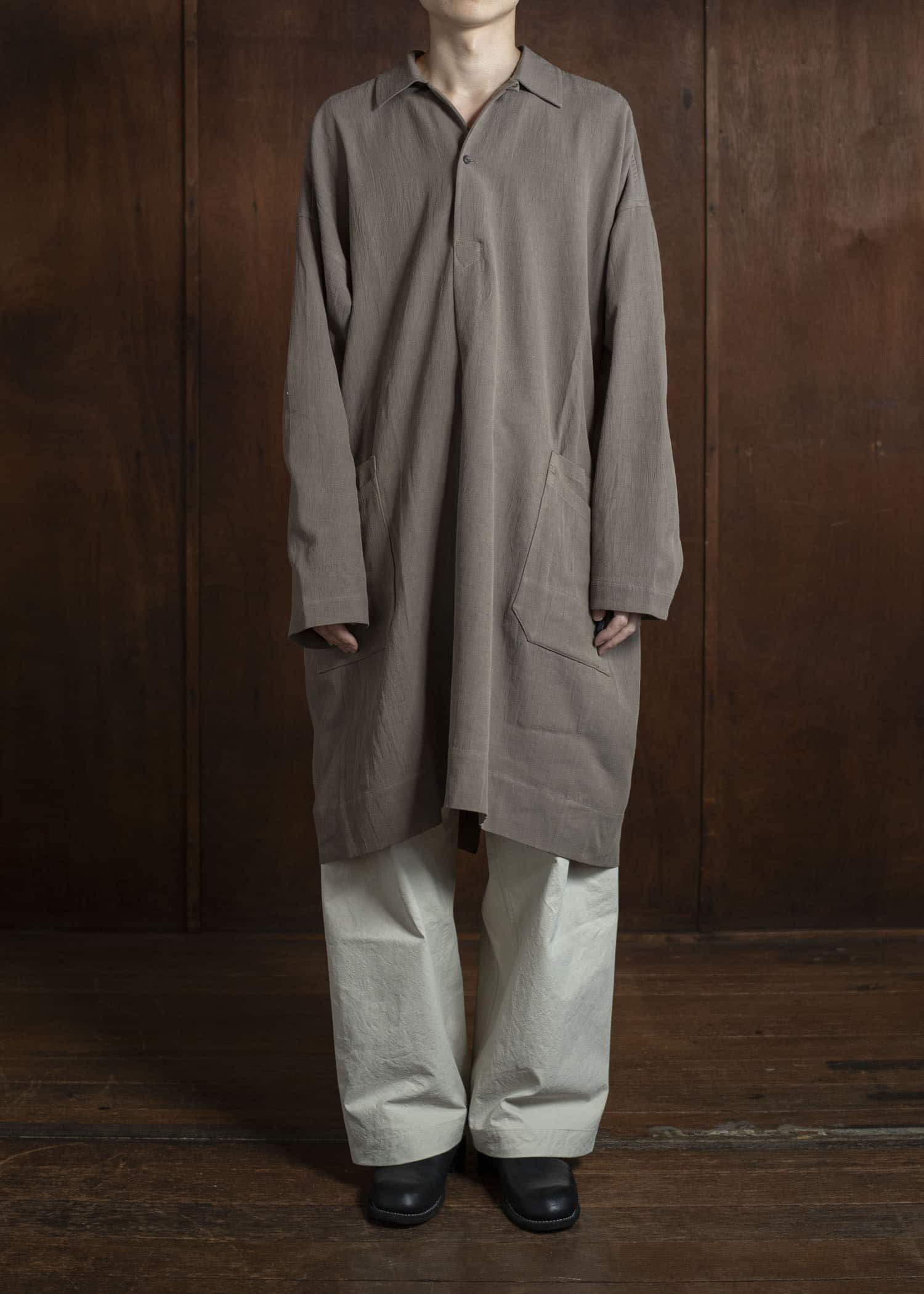 JAN-JAN VAN ESSCHE TUNIC#39-WRINKLED CLOTH EARTH Long Tunic With Patched Pockets Wrinkled Cloth Earth