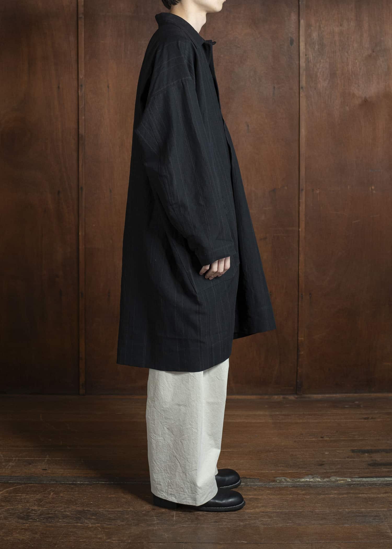 JAN-JAN VAN ESSCHE TUNIC#39-FINE STRIPE CLOTH BLACK Long Tunic With Patched Pockets Fine Stripe Cloth Black