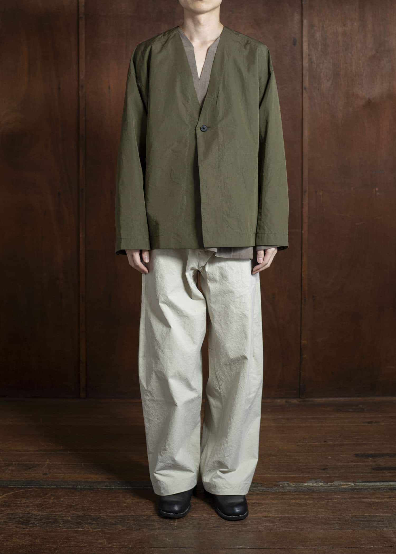 JAN-JAN VAN ESSCHE JACKET#59-COTTON SILK CANVAS ARMY GREEN Unlined Collarless Blazer Cotton Silk Canvas Army Green