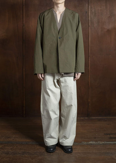 JAN-JAN VAN ESSCHE JACKET#59-COTTON SILK CANVAS ARMY GREEN Unlined Collarless Blazer Cotton Silk Canvas Army Green