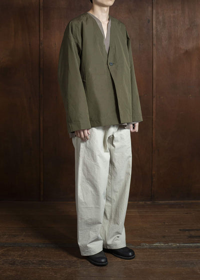 JAN-JAN VAN ESSCHE JACKET#59-COTTON SILK CANVAS ARMY GREEN Unlined Collarless Blazer Cotton Silk Canvas Army Green