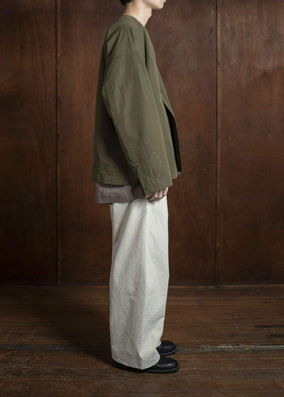 JAN-JAN VAN ESSCHE JACKET#59-COTTON SILK CANVAS ARMY GREEN Unlined Collarless Blazer Cotton Silk Canvas Army Green