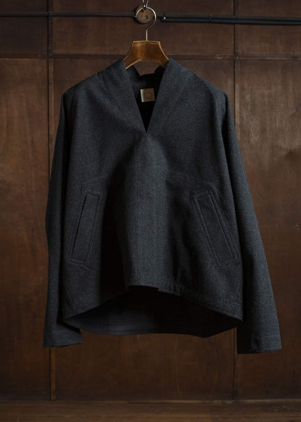 JAN-JAN VAN ESSCHE SWEAT#65 KIMONO COLLAR WOVEN SWEAT WITH JET POCKETS Soft Brushed Twill Anthracite