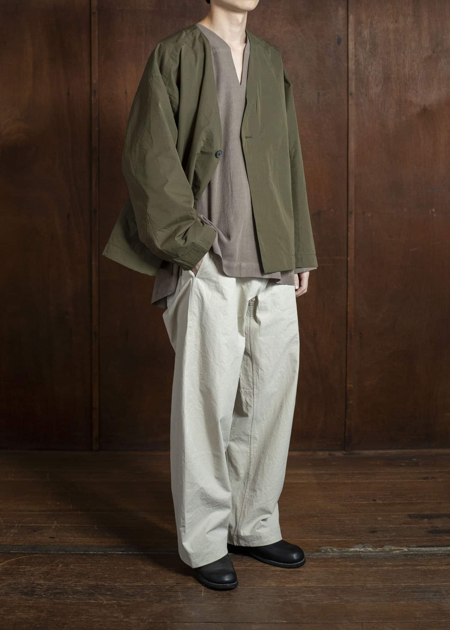 JAN-JAN VAN ESSCHE JACKET#59-COTTON SILK CANVAS ARMY GREEN Unlined Collarless Blazer Cotton Silk Canvas Army Green