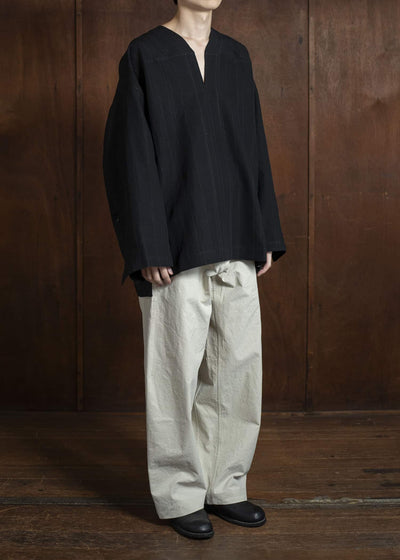 JAN-JAN VAN ESSCHE TUNIC#38-FINE STRIPE CLOTH BLACK Oversized Long Sleeve Tunic With Roll-Up Sleeves Fine Stripe Cloth Black