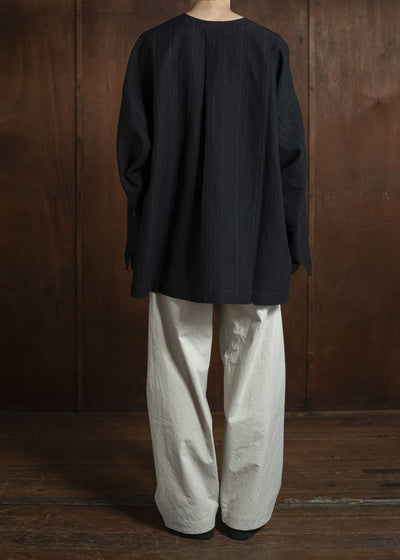 JAN-JAN VAN ESSCHE TUNIC#38-FINE STRIPE CLOTH BLACK Oversized Long Sleeve Tunic With Roll-Up Sleeves Fine Stripe Cloth Black