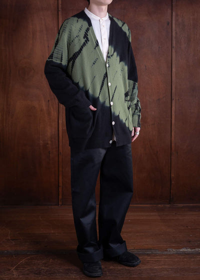 SUZUSAN Cashmere Seamless Wide Cardigan Tesuji Yoroidan Shibori Diagonal Black x Leaf Green