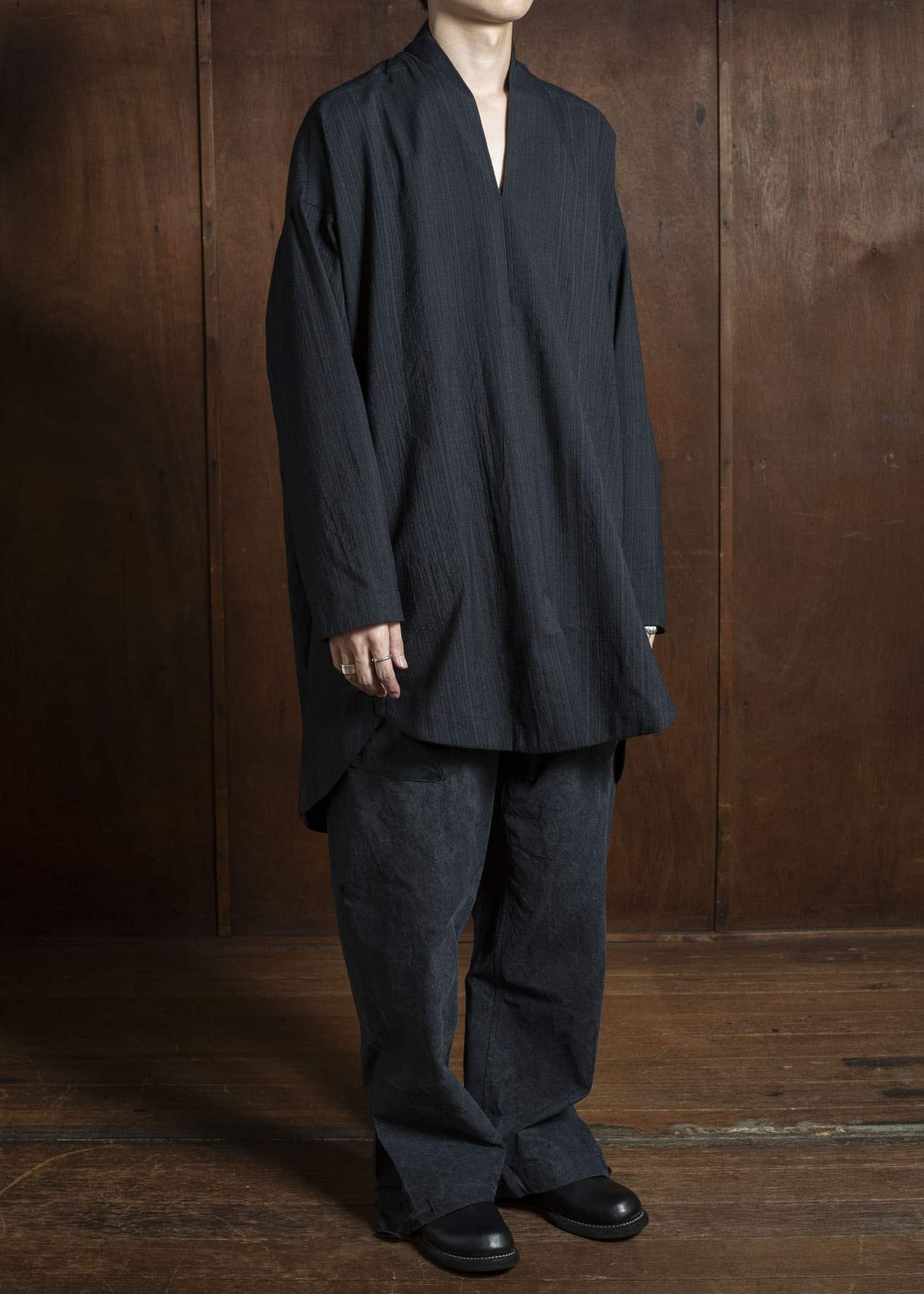 JAN-JAN VAN ESSCHE TUNIC#42 KIMONO COLLAR LOOSE FIT TUNIC Medium Seersucker Dark Striped