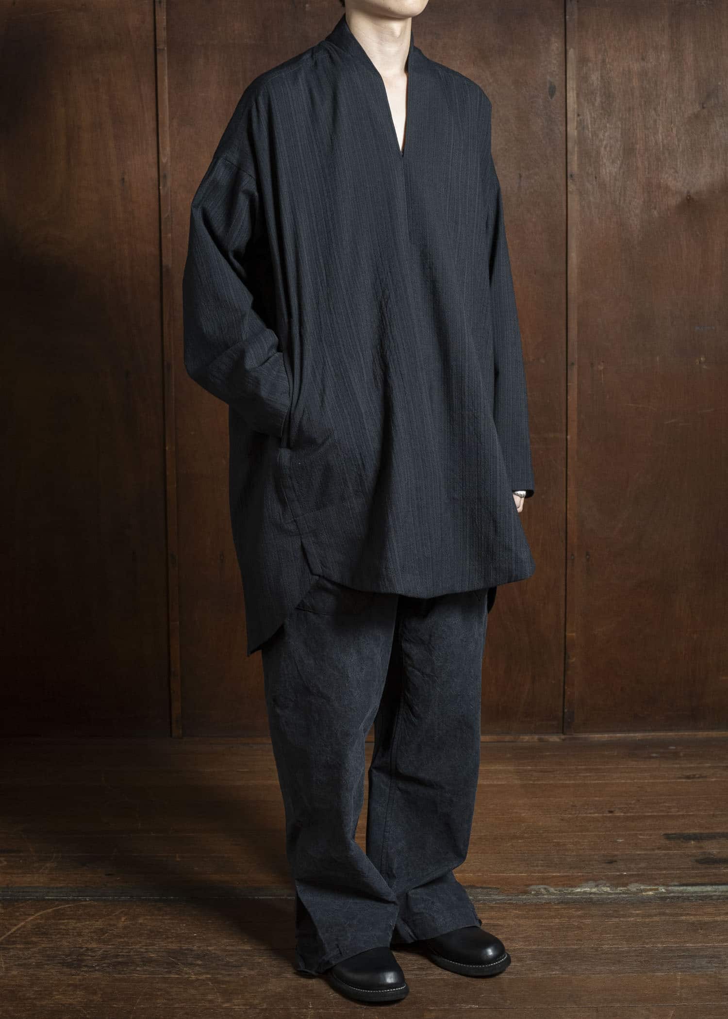 JAN-JAN VAN ESSCHE TUNIC#42 KIMONO COLLAR LOOSE FIT TUNIC Medium Seersucker Dark Striped