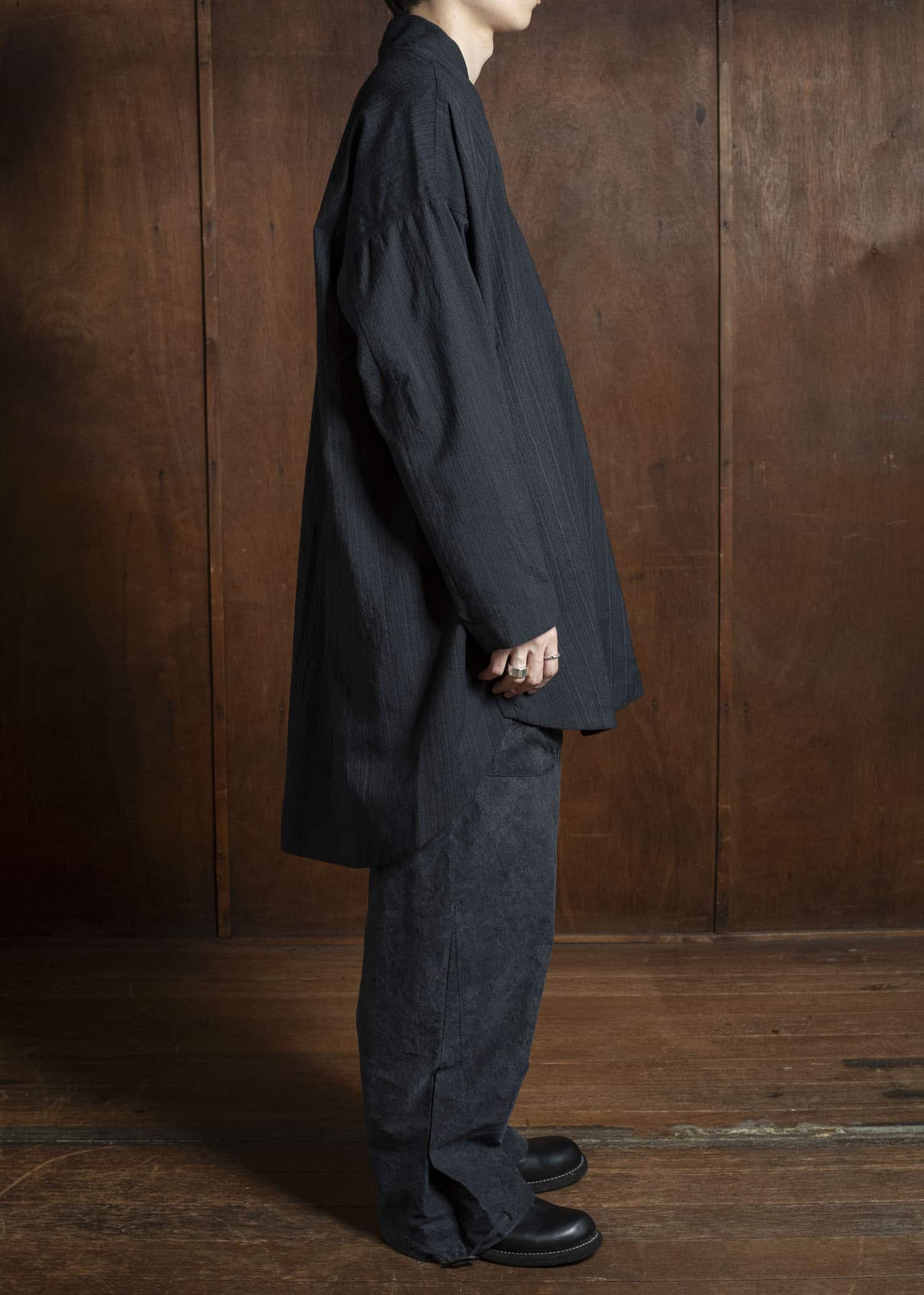 JAN-JAN VAN ESSCHE TUNIC#42 KIMONO COLLAR LOOSE FIT TUNIC Medium Seersucker Dark Striped