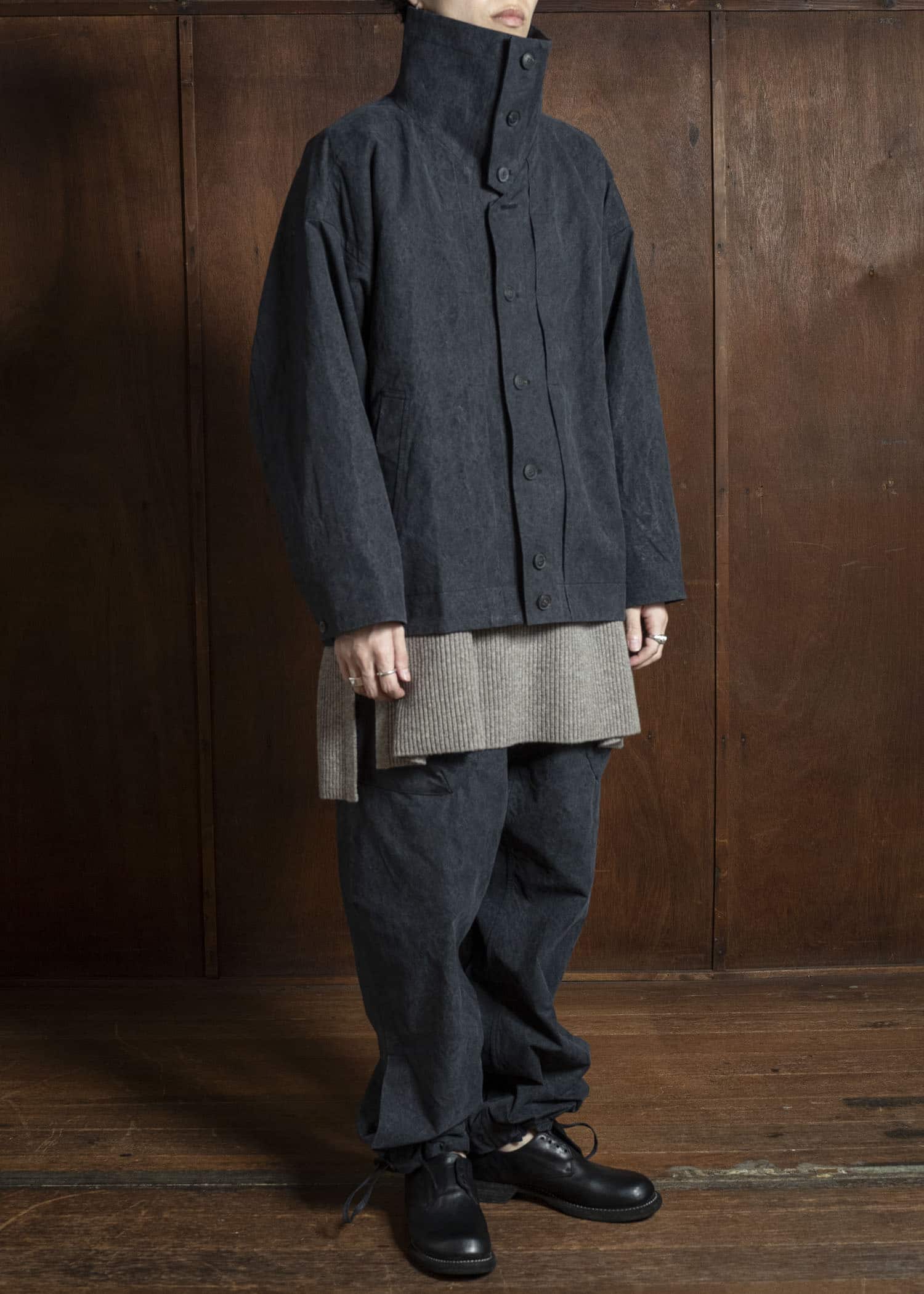 JAN-JAN VAN ESSCHE JACKET #61 JACKET WITH HIGH NECK STANDING COLLAR Time Washed Canvas Black