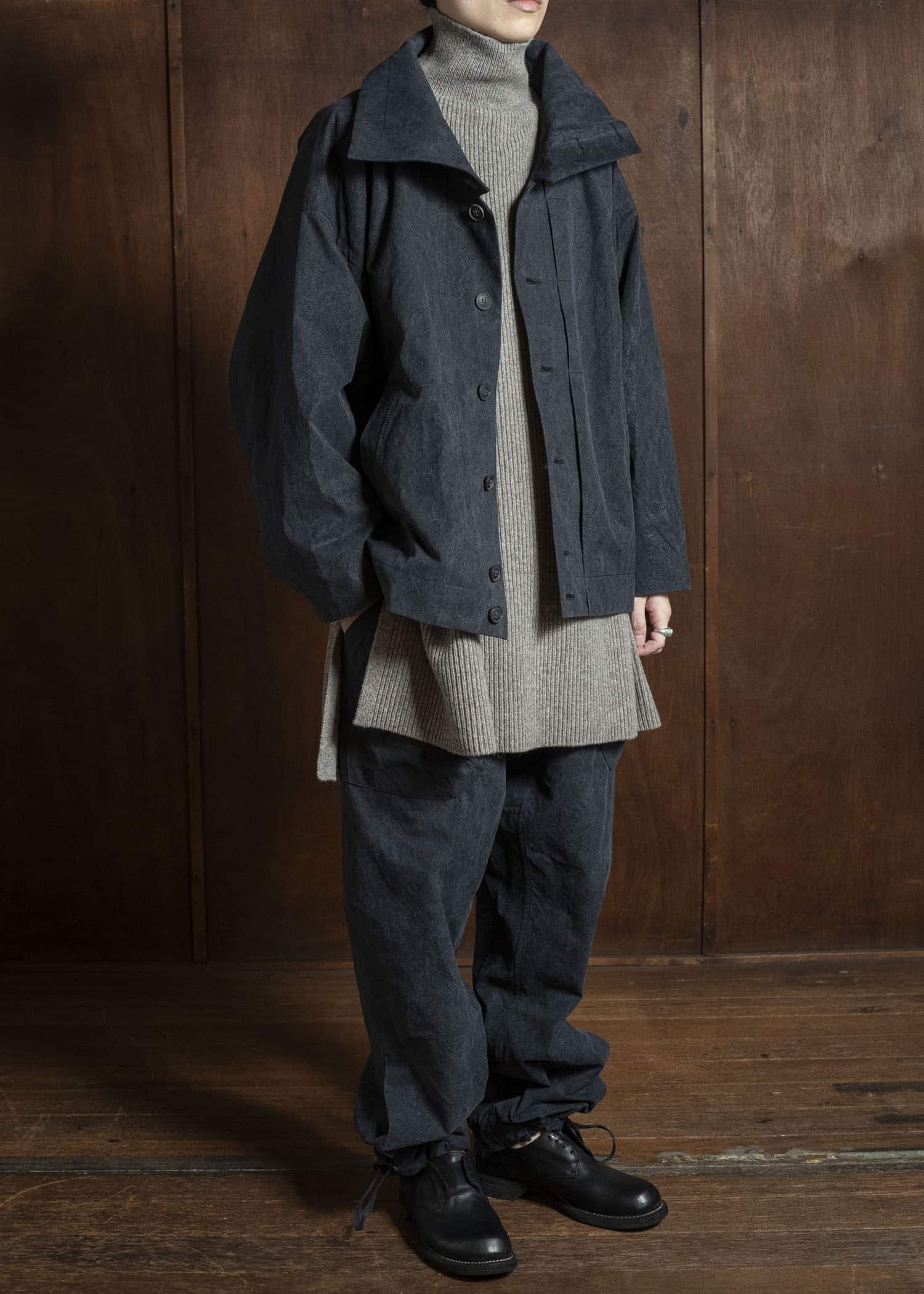 JAN-JAN VAN ESSCHE JACKET #61 JACKET WITH HIGH NECK STANDING COLLAR Time Washed Canvas Black