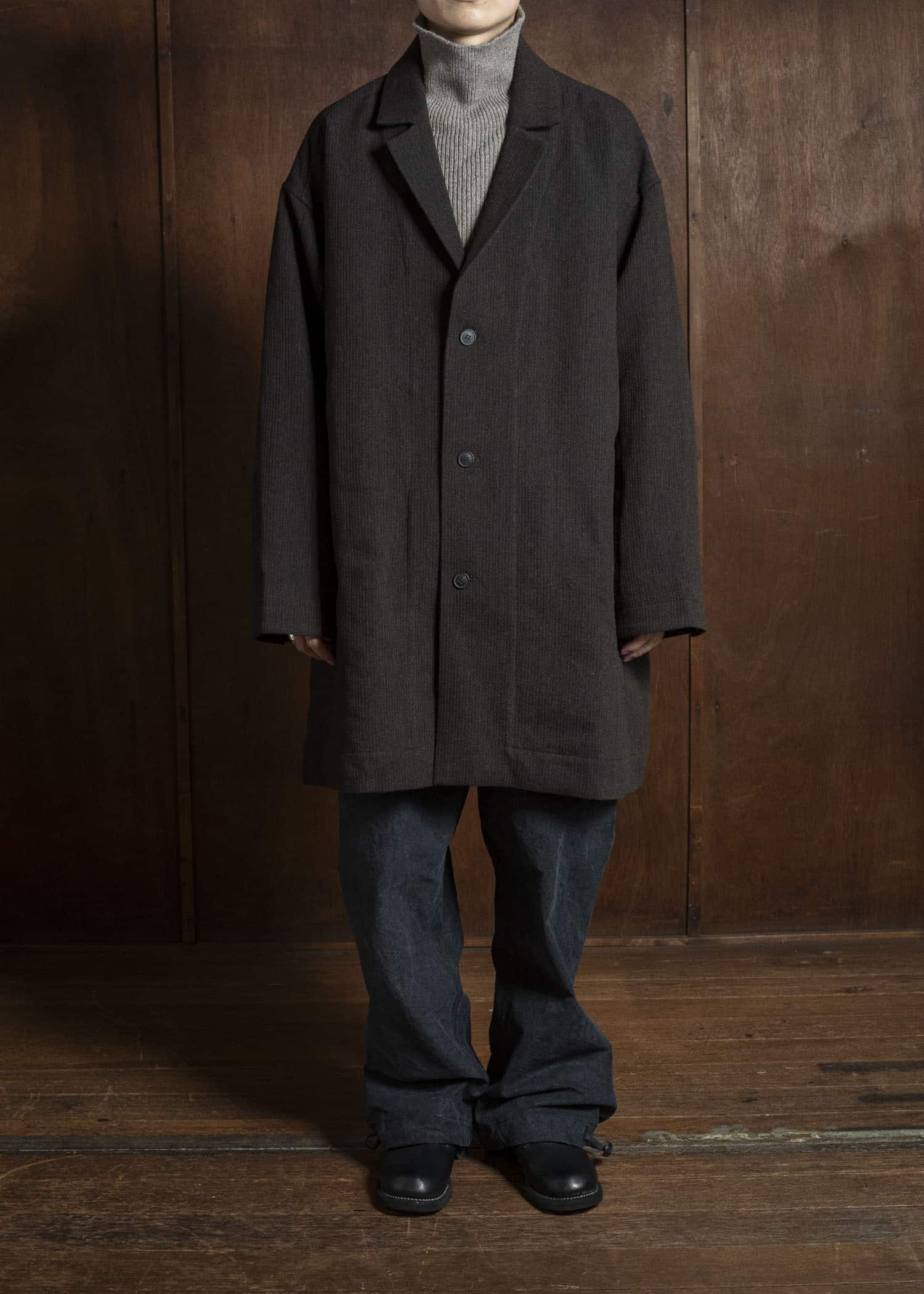 JAN-JAN VAN ESSCHE COAT#33 BLAZER-STYLE OVERCOAT Ridged Linen Wool Eggplant/Indigo