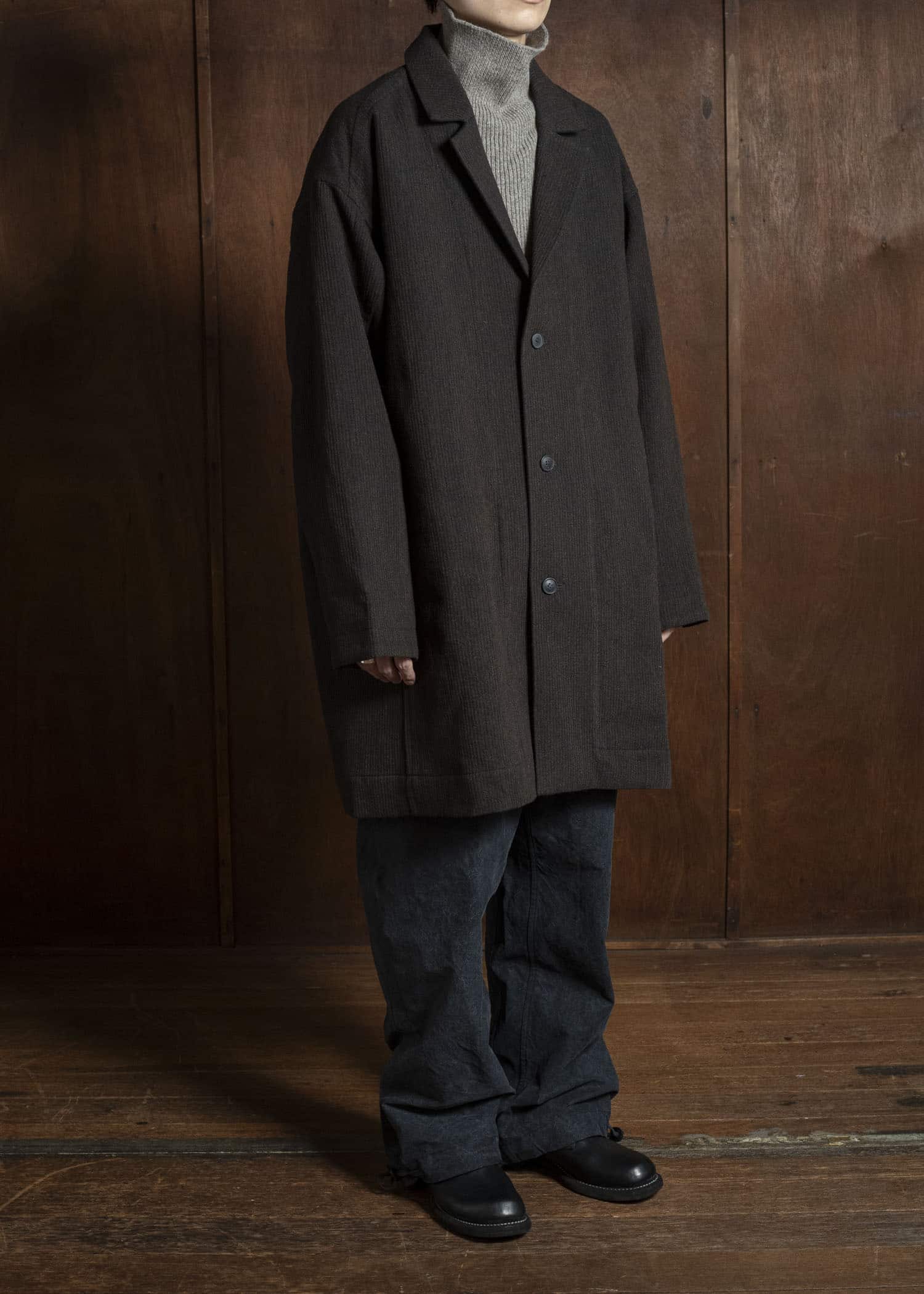 JAN-JAN VAN ESSCHE COAT#33 BLAZER-STYLE OVERCOAT Ridged Linen Wool Eggplant/Indigo