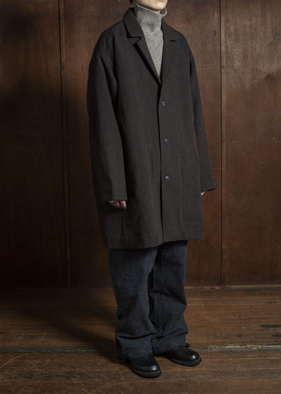 JAN-JAN VAN ESSCHE COAT#33 BLAZER-STYLE OVERCOAT Ridged Linen Wool Eggplant/Indigo