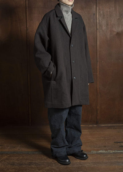 JAN-JAN VAN ESSCHE COAT#33 BLAZER-STYLE OVERCOAT Ridged Linen Wool Eggplant/Indigo