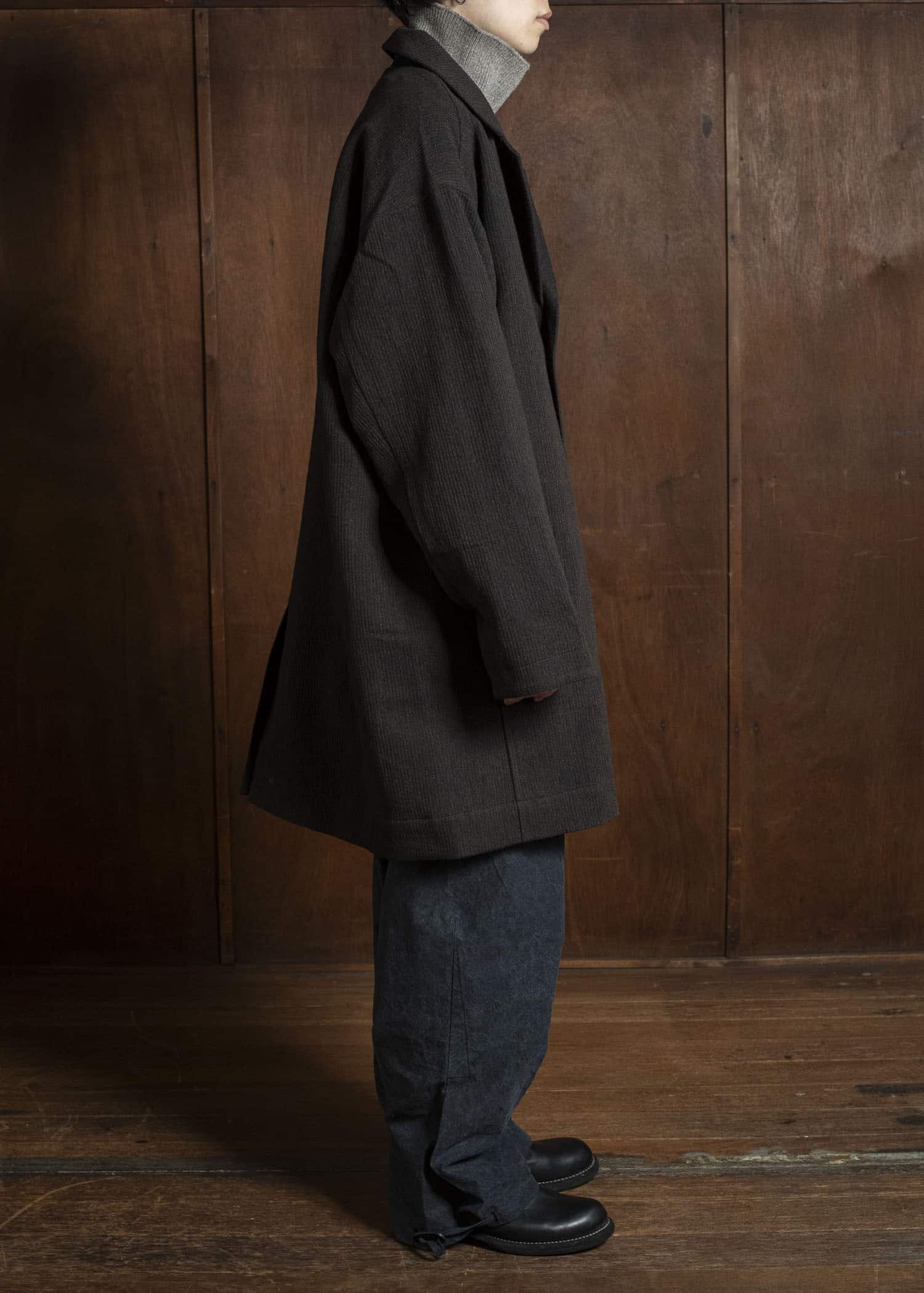 JAN-JAN VAN ESSCHE COAT#33 BLAZER-STYLE OVERCOAT Ridged Linen Wool Eggplant/Indigo