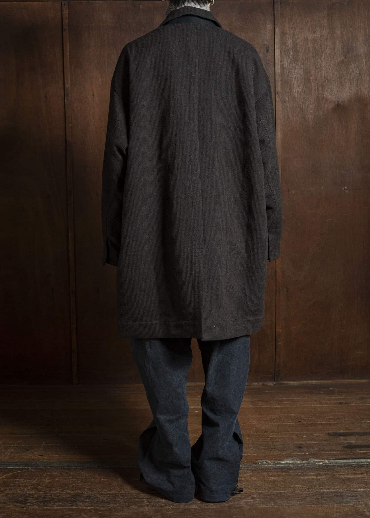 JAN-JAN VAN ESSCHE COAT#33 BLAZER-STYLE OVERCOAT Ridged Linen Wool Eggplant/Indigo