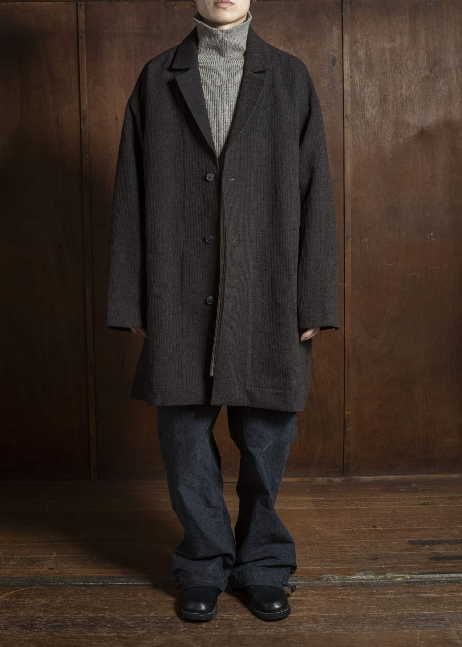 JAN-JAN VAN ESSCHE COAT#33 BLAZER-STYLE OVERCOAT Ridged Linen Wool Eggplant/Indigo