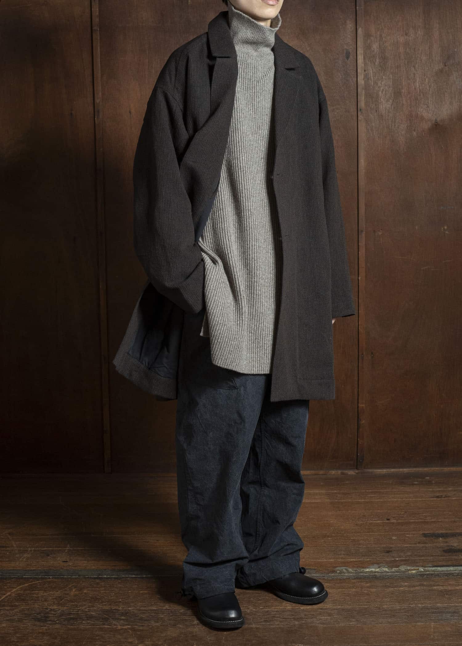 JAN-JAN VAN ESSCHE COAT#33 BLAZER-STYLE OVERCOAT Ridged Linen Wool Eggplant/Indigo