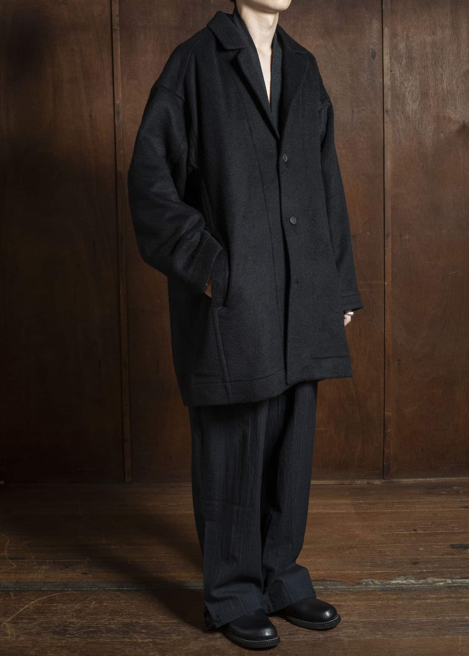 JAN-JAN VAN ESSCHE COAT#33 BLAZER-STYLE OVERCOAT Washed Velvet Yak Jet Black